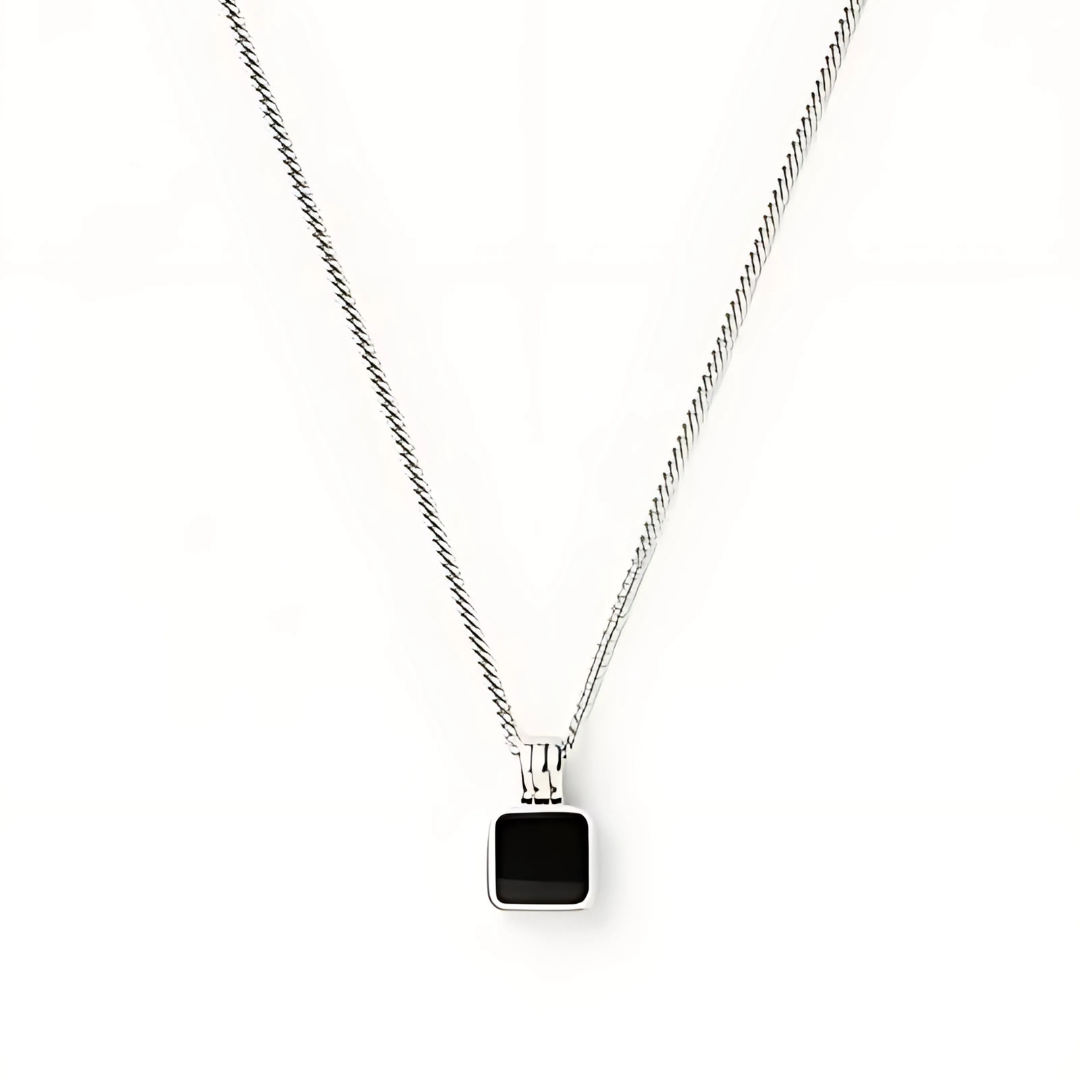 Mens Square Black Onyx Pendant Necklace