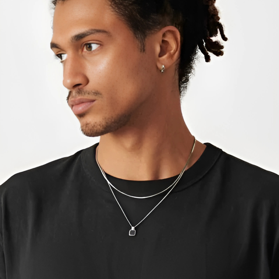 Mens Square Black Onyx Pendant Necklace