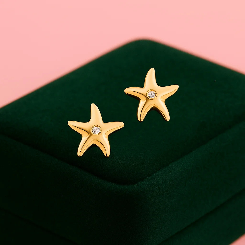 Diamond-Kissed Golden Starfish Studs
