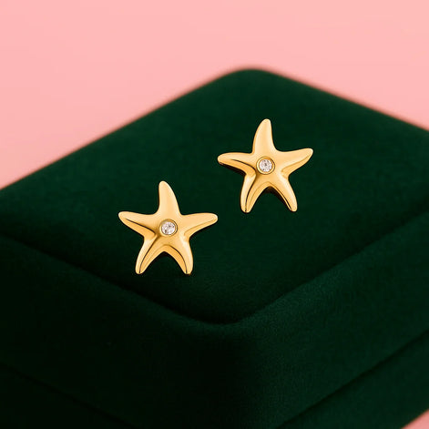 Diamond-Kissed Golden Starfish Studs