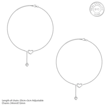 Silverwave 925 Sterling Silver Dual Heart Dangle Anklet